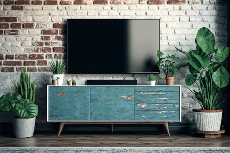 A vase is placed on the TV cabinet, which is ornamented with plant pots on the floor, and is mounted on a brick wall in the living roomの素材