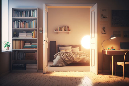 Wide entryway reveals a bedroom that is lighted by the sun. Wall-mounted posters Living room with bookshelves and lamp, toned mock-upの素材