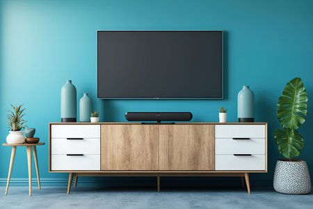 TV cabinet on blue wall in modern room,の素材