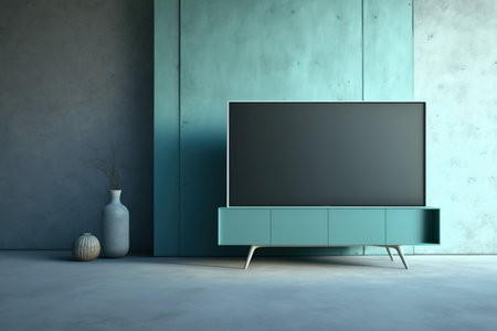 TV mockup on cabinet in modern living room with blue concrete wall. illustrationの素材