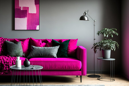 The popular interior color for 2023 is Viva Magenta. Modern home decor in a Scandinavian style features a gray sofa with crimson magenta. Vertical crop, copy space for social networkingの素材