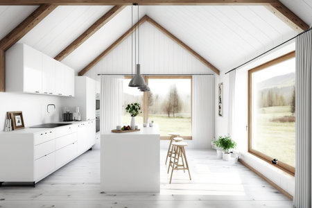 Total white project draft, minimalist wooden kitchen. Parquet floor and beams ceiling. Windows with curtains. Japandi interior design, illustrationの素材