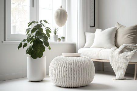 Total white project draft with rattan table, pouf, and dの素材