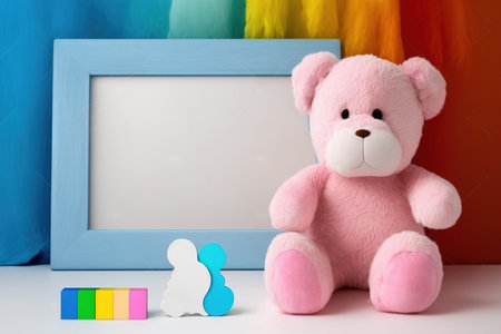 Teddy bear and a rainbow colored plush toy are framed in white on a white desk. Baby nursery painting in pink and blue with a blank horizontal frame mockup and baby kid toysの素材