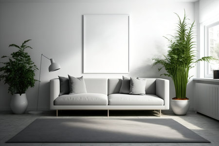 There is carpet on the floor, a sofa, a plant inside, and a frameless picture on the wallの素材