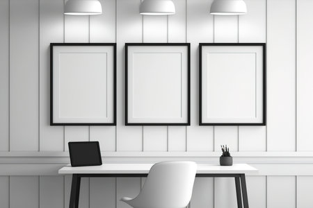 Three blank frames on table, chair. Wooden wall. Concept of decoration. Mock upの素材
