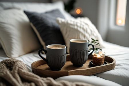 two empty cup of coffee serve on the wooden tray in the background of empty sofa that have blanket on itの素材