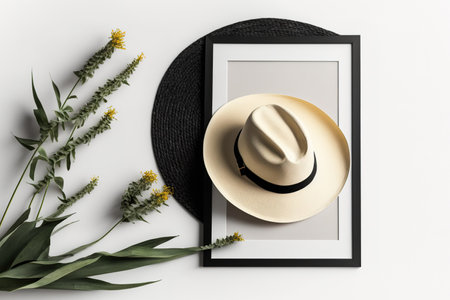 straw hat in a black frame on a white backgroundの素材