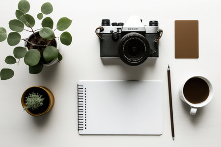 Top view of a white wood table with a simple workstation, copy space, tree pot, and cameraの素材