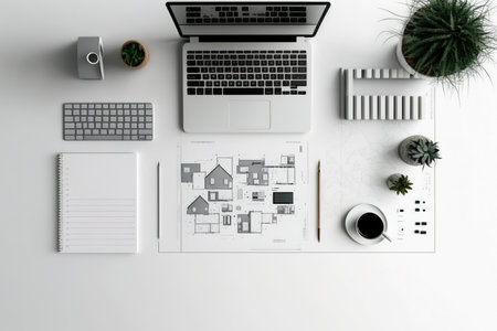 Top view workspace mockup of architectural project with laptop computer, architectural project plan, engineering tools and office supplies on white desk empty space for your text isolated on whiteの素材