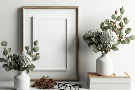 Two frames with flowers and books on a white wallの素材