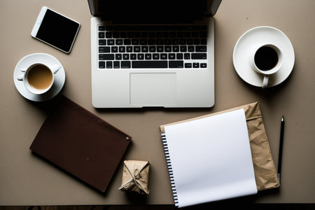 Top view of textured table with laptop, phone, books, mouse, and coffee. There is a folder plate with white sheets for your text in the middle of the tableの素材