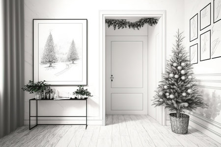 The sketch turns into a corridor with a horizontal mock-up poster over the curbstone and dried flowers in a vase. Christmas tree, gifts, wardrobeの素材