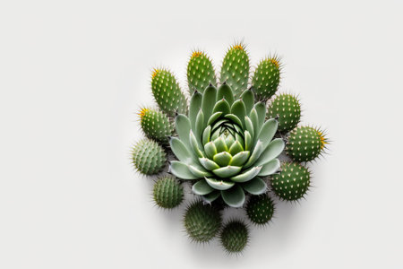 The tropical plants lone, succulent green cactus is seen in top view against a white background. There is a copy space where you can add textの素材