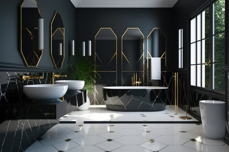 an elegantly designed bathroom decor with tiles and lightingの素材