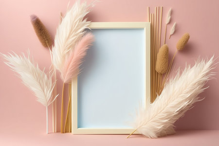 trendy pampas grass frame with pastel pink background. mockup of a bohemian backdropの素材