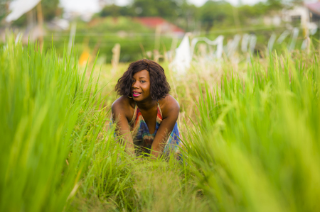 lifestyle portrait of young attractive and happy black afro American woman posing cheerful having fun outdoors at beautiful rice field background enjoying holidays trip in nature and tourism conceptの写真素材