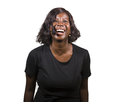 young attractive and successful black afro American entrepreneur woman speaking at corporate training event seminar giving motivation coaching conference isolated on white backgroundの写真素材