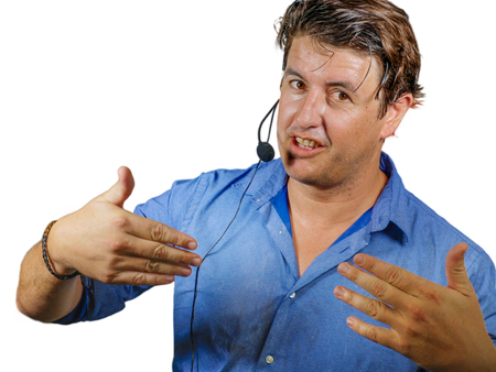 young attractive and successful business advisor or training speaker talking and giving conference...