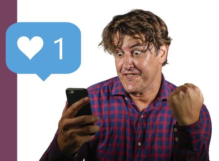 Social media addiction and obsession . funny portrait of young crazy happy and excited man...