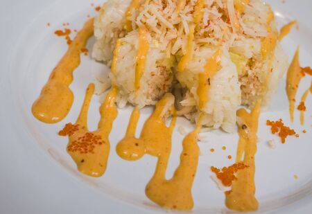 Japan gourmet cuisine - closeup and detail on delicious and delicate dish of Japanese sushi rolls in traditional healthy Asian food and creative oriental dining conceptの写真素材