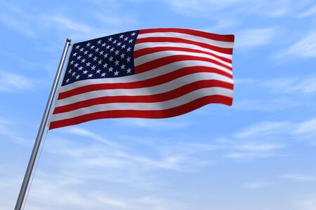 CGI isolated USA flag waving on a blue sly - close up of United States of America national flag...