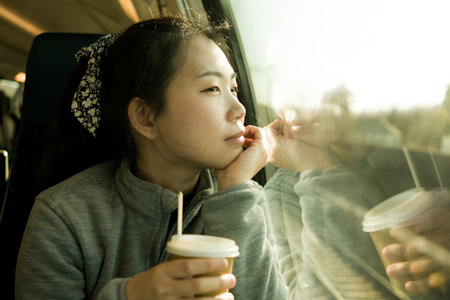 train travel getaway - lifestyle portrait of young happy and beautiful Asian Japanese woman...