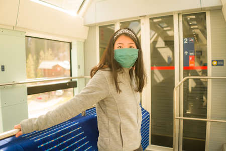 travel in times- lifestyle portrait of young happy and cute Asian Chinese woman in  face mask...