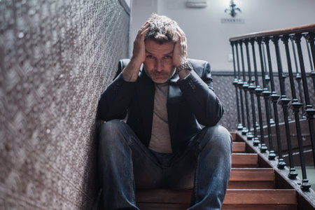 unemployment and divorce - dramatic lifestyle portrait of sad and depressed man on his 40s sitting indoors on staircase thoughtful and worried suffering depression problemの写真素材