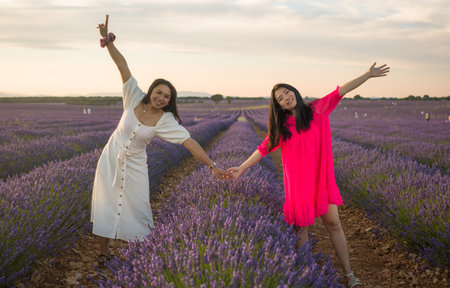 young happy and beautiful Asian korean woman playing on lavender flowers field with her hispanic girlfriend enjoying sweet holidays together relaxed and carefreeの写真素材