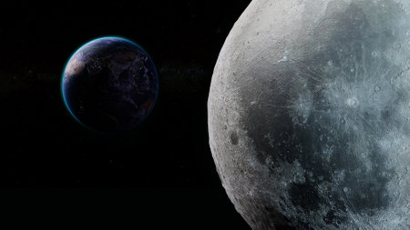 beautiful view of planet earth with its blue atmosphere rim and the surface of moon from the space in universe solar system science and global conceptの写真素材