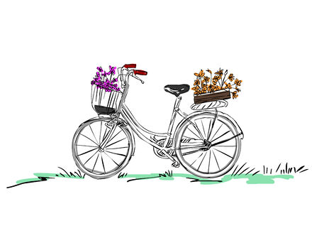 free handdrawing bicycle with flower on white backgroundのイラスト素材