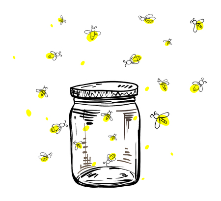 fireflies flying around the jar in hand drawingのイラスト素材