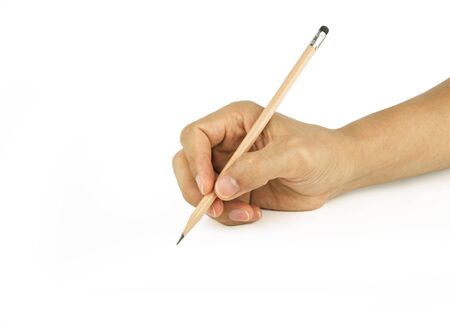 hand holding wooden pencil preparation for writing on white backgroundの写真素材