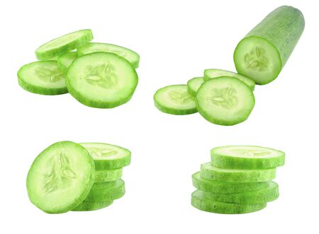 collection of isolated slice cucumber set on white backgroundの写真素材