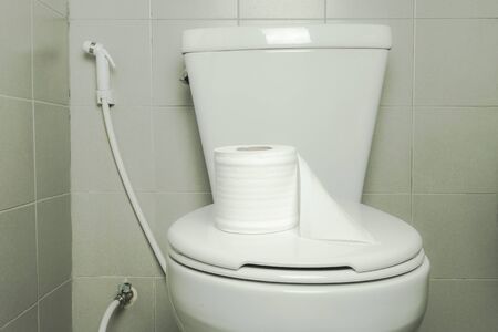 toilet paper roll place on bathroomの写真素材