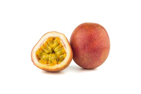 passion fruit and cutting in half seeing seed in sideon white background