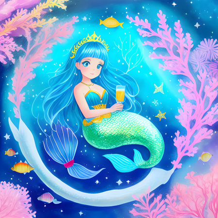 Beautiful mermaid girl with a glass of cocktail in her hand. Background illustration.の素材