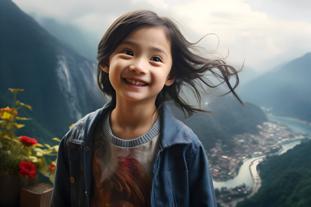Happy little girl looking at the camera on a background of mountains.の素材