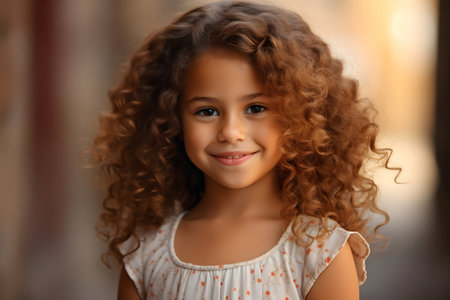 Beautiful little girl with curly hair in a white dress on the streetの素材
