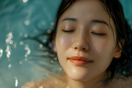 Portrait of beautiful young asian woman relax in swimming pool.の素材