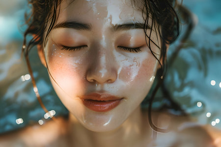 Portrait of a beautiful young woman with closed eyes in the swimming poolの素材