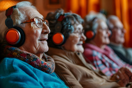 Group of senior people listening to music with headphones in the living roomの素材