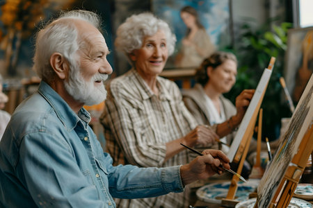 selective focus of senior man painting picture in art studio with familyの素材