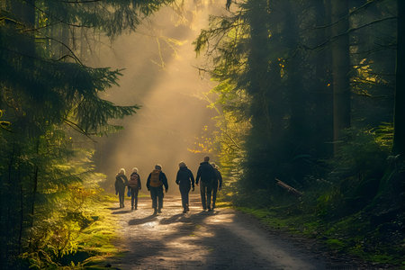 Group of people walking in a foggy forest with sunbeamsの素材