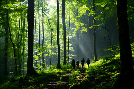 Silhouette of a group of people walking in the forest.の素材