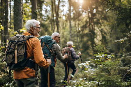 Senior couple hiking in the forest. Elderly people hiking in nature.の素材