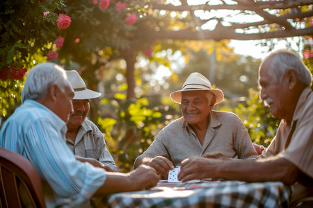 Group of senior friends playing cards in the garden. Elderly people lifestyle concept.の素材