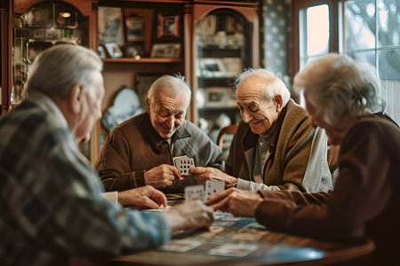 Group of seniors playing cards in a retirement home. Selective focus.の素材
