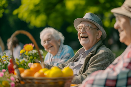 happy senior couple with basket of fruits sitting on picnic table in parkの素材